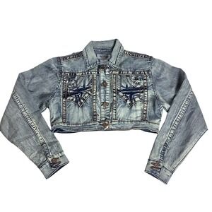 NoFuze Cropped Jean Jacket Girls Large Blue Acid Wash Y2K Distressed Streetwear
